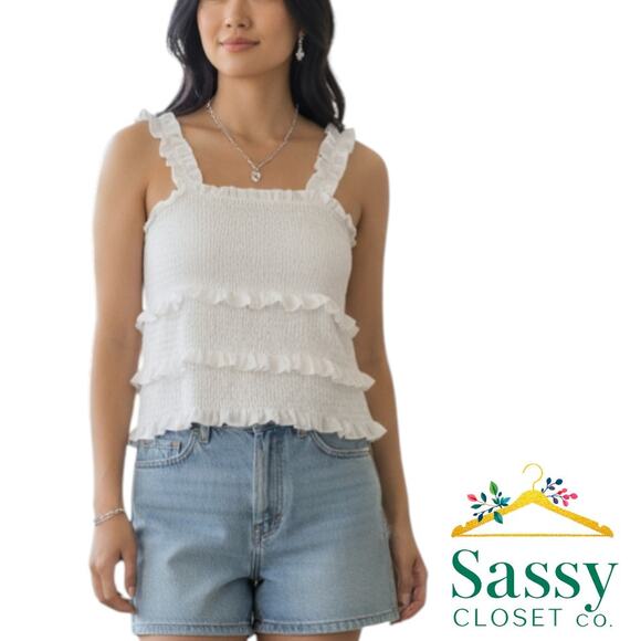 Crave Fame Tops - Crave Fame White Tank Top Ruffle Straps Smocked Bodice XS NWT